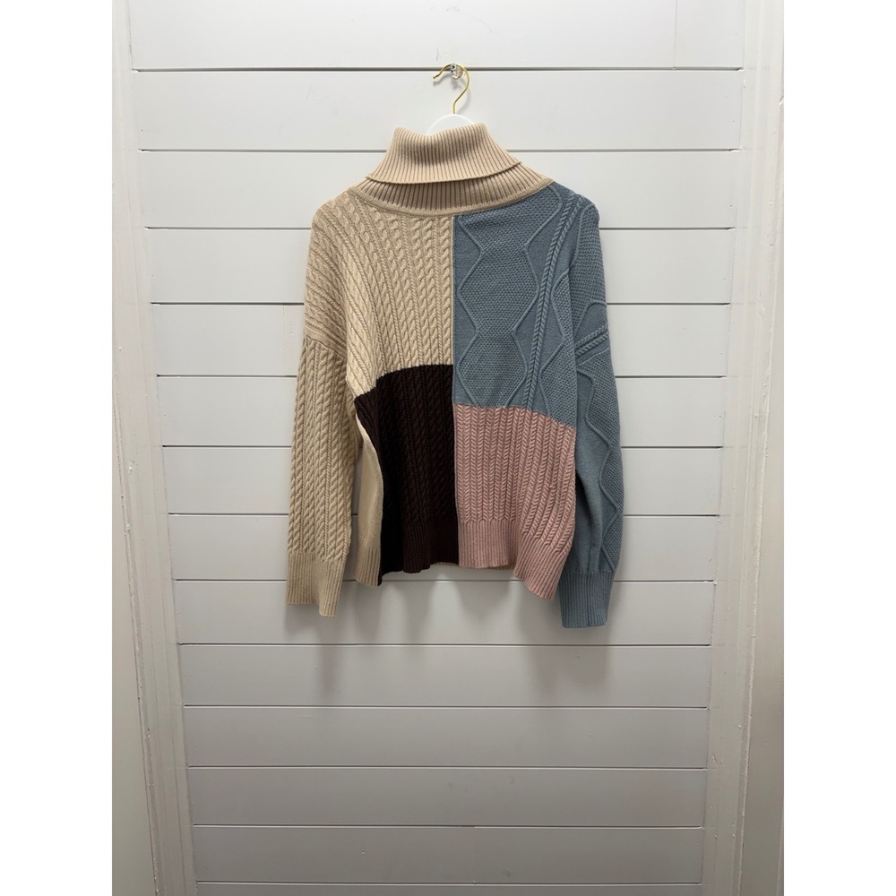 Papermoon Multi Texture Color Block Knit Turtleneck Pullover Boho Sweater Sz S